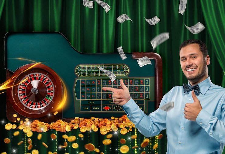 Ruang dealer langsung dragon222 dengan meja kasino dan streamer profesional